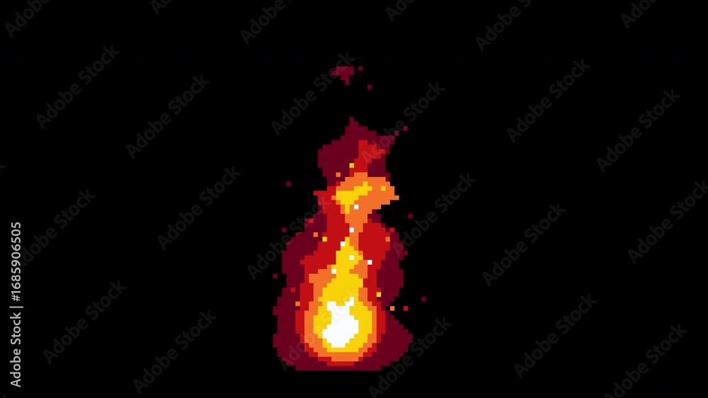 Animated pixel art fire or flame effect with red and orange colors burning, visual element for video game footage. with alpha channel.