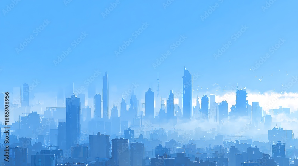 Naklejka premium Cityscape skyline view of urban buildings and architecture in foggy blue morning