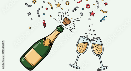 Champagne Bottle Pop With Cork Flying Out And Two Glasses Clinking With Confetti Falling Down Celebrating A Special Occasion