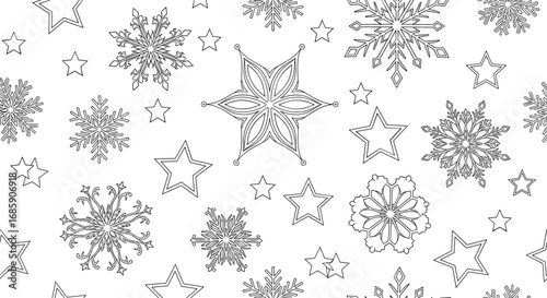 A Delicate Winter Wonderland Pattern Featuring Intricate Snowflakes and Twinkling Stars in a Classic Black and White Design Perfect for Holiday Crafting and Festive Decorations
