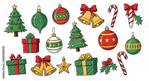 Collection of festive Christmas ornaments and decorations including trees presents bells candy canes and holly for holiday celebrations