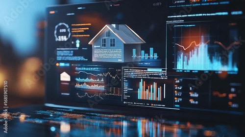 Laptop showing real estate market analysis with growing graphs and house projection