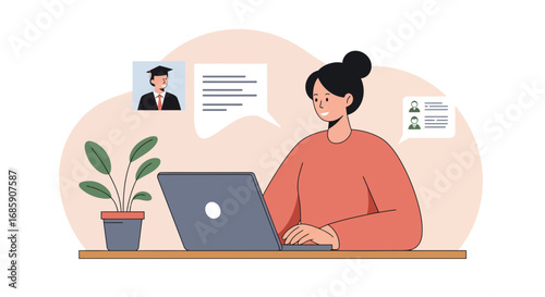 Young professional connects with graduate for online mentorship in a modern, collaborative workspace