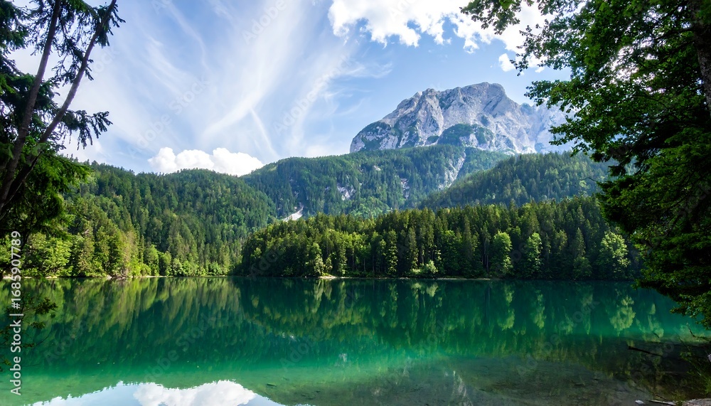 Naklejka premium Serene mountain lake nestled amongst lush forests, reflecting a majestic peak under a vibrant blue sky.