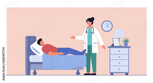 Caring doctor consults patient resting in hospital bed, promoting healthcare trust and recovery.