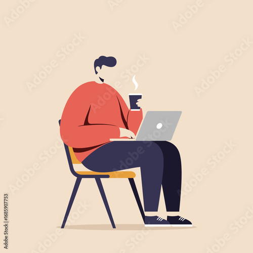 Focused individual working on laptop with steaming coffee cup, symbolizing productivity and modern remote work