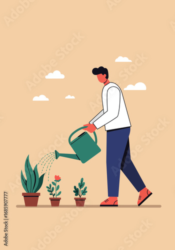 Man lovingly waters potted plants, nurturing growth with care in a serene, stylized outdoor scene.
