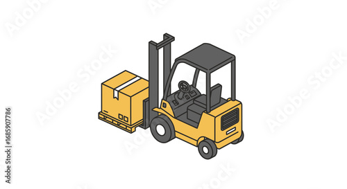 Yellow forklift truck lifting a cardboard box on a pallet, conveying logistics and delivery services.