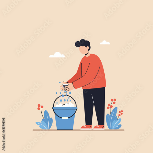 Person diligently washing hands in bubbly bucket, promoting hygiene and cleanliness with care
