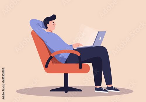 Man confidently working on laptop while relaxing in modern chair, capturing productivity and comfort.