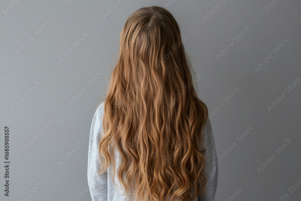 Naklejka premium Young girl with long, cascading, wavy blond hair, seen from behind, standing against a neutral gray background
