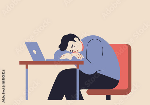 Overworked man sleeps at desk with laptop highlighting burnout and exhaustion in modern workplace