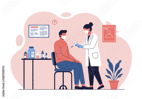 Doctor administering vaccine injection to patient in clinic, promoting health and wellness