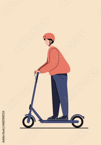 Modern person rides electric scooter wearing helmet for safe urban commute