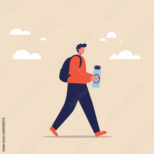 Active person with backpack and water bottle walking confidently outdoors, embracing a healthy lifestyle journey.