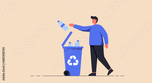 Man responsibly disposes of plastic bottles in a recycling bin, promoting environmental care and sustainability.
