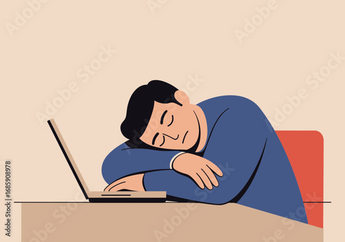 Exhausted businessman sleeping at desk after long day of work with laptop computer