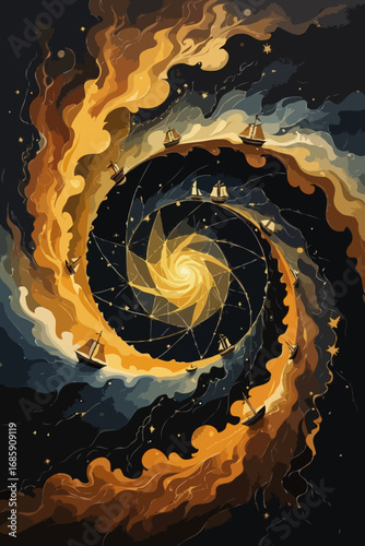 Abstract Whirlpool of Liquid Gold in Starry Void
