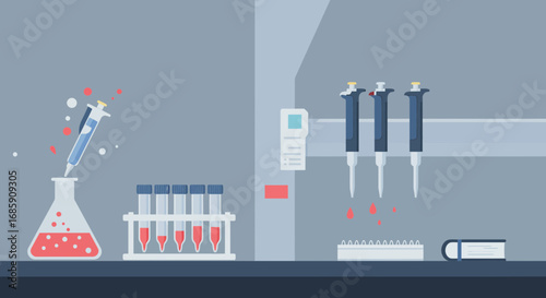 Science research in the lab with pipette adding sample to flask for medical research and development