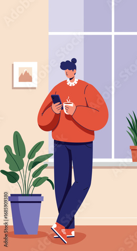 Young person relaxes at home with coffee and phone in a cozy, modern apartment setting