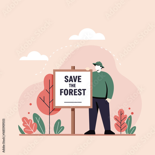 Advocate holding save the forest sign for climate awareness and environmental protection campaign