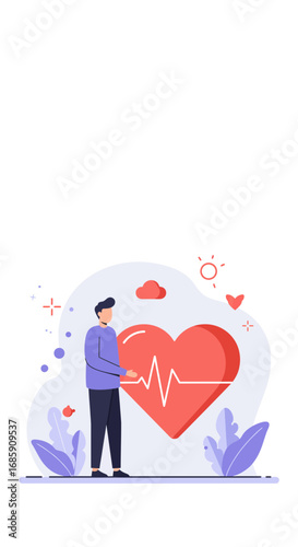 Man cherishes vibrant heart symbol with healthy pulse line, embracing wellness and life