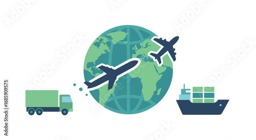 Global logistics network connecting truck, airplane, and ship for worldwide trade and transport
