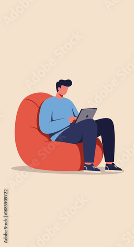 Man relaxes on beanbag chair, engrossed in laptop, perfect for modern lifestyle and remote work concepts.