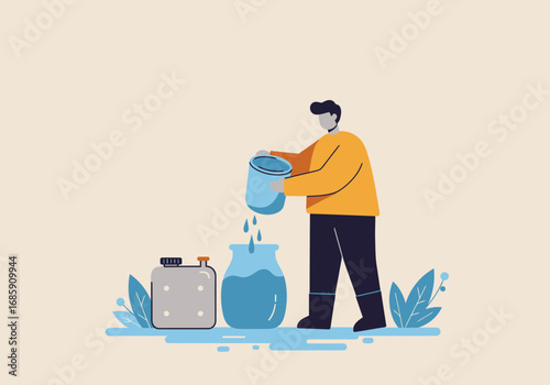 Man carefully pours liquid into a large container, symbolizing conservation and resource management
