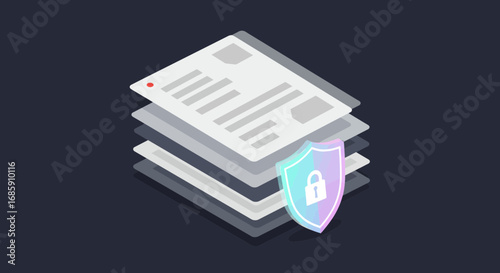 Secure digital documents with a protective shield and lock icon for robust data privacy