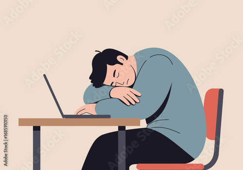 Exhausted man naps on desk near laptop, symbolizing burnout and overwhelming workload.
