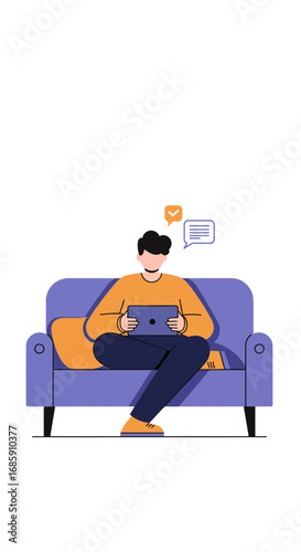 Man comfortably relaxing on couch using tablet, engaged in online communication and digital tasks.