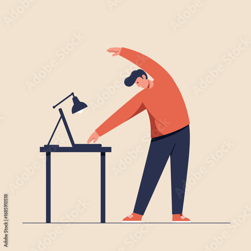 Man stretching at desk promoting healthy office habits and well-being
