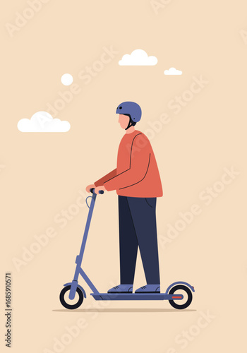 Man enjoying a breezy ride on an electric scooter with helmet on a clear day