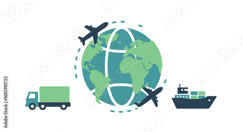 Global logistics network connecting continents with air, sea, and land transport icons