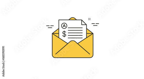 Financial document with grade A and dollar sign delivered in bright yellow envelope