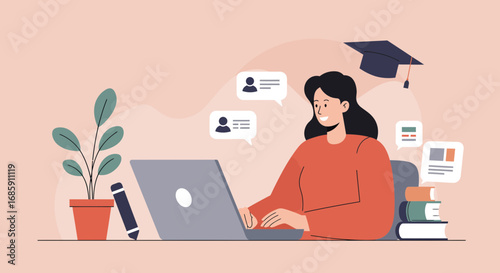 Young woman learning online with laptop, books, and graduation cap, symbolizing education and achievement