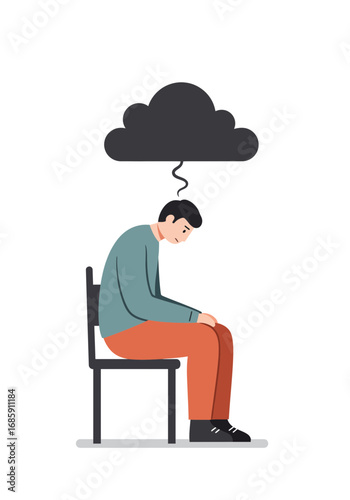 Man feeling overwhelmed and sad with dark cloud overhead symbolizing stress and worry