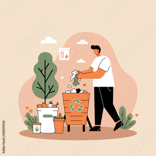 Man actively sorts waste into recycling bin promoting environmental responsibility and sustainable living