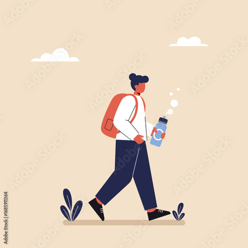 Adventurous person with backpack and water bottle walks outdoors, embracing journey and hydration