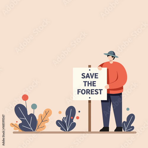 Passionate activist advocates for nature, holding 'Save the Forest' sign amidst vibrant foliage
