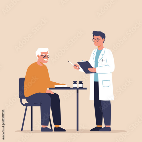 Caring doctor consults with elderly patient discussing health in a professional medical setting