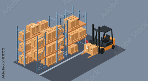 Warehouse forklift efficiently moving stacked boxes on pallets, optimizing logistics and supply chain operations