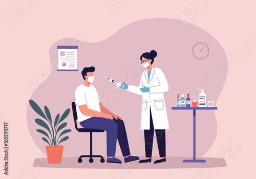 Doctor administers injection to patient wearing mask, ensuring health and safety in medical clinic setting.