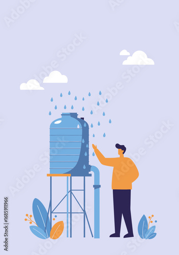 Man collecting rainwater from tank during gentle shower, symbolizing conservation and sustainability.