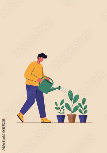 Man lovingly watering houseplants with care using watering can, nurturing indoor plants collection
