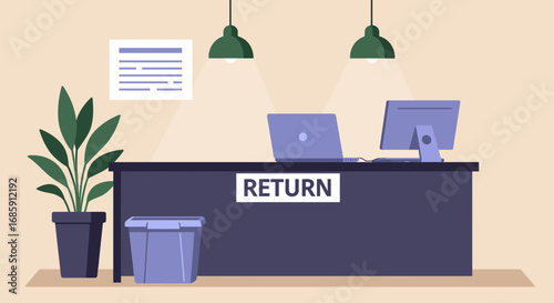 Modern office return desk with computer, plant, and stylish lamps for business solutions