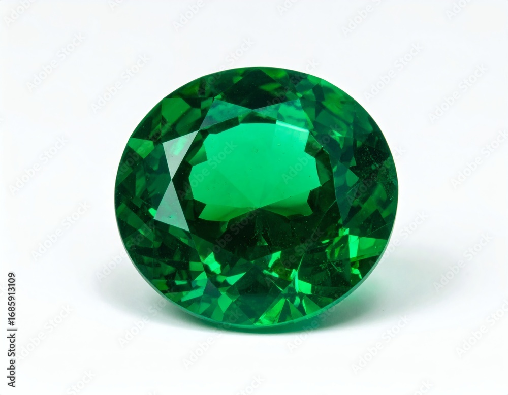 Fototapeta premium Colombian emerald shining on white background, precious gemstone photography