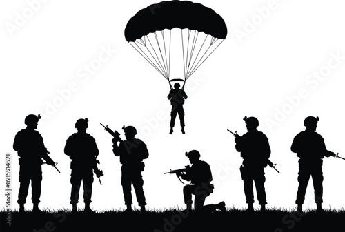 Military soldier silhouette vector, tactical troops with rifles, parachute landing scene, battlefield coordination, combat gear illustration, cad drawing flat vector illustration