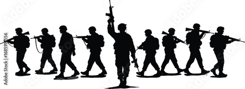 Military soldier silhouette, army formation vector, rifle troops walking, battlefield teamwork, war illustration, leadership pose, cad drawing flat vector illustration